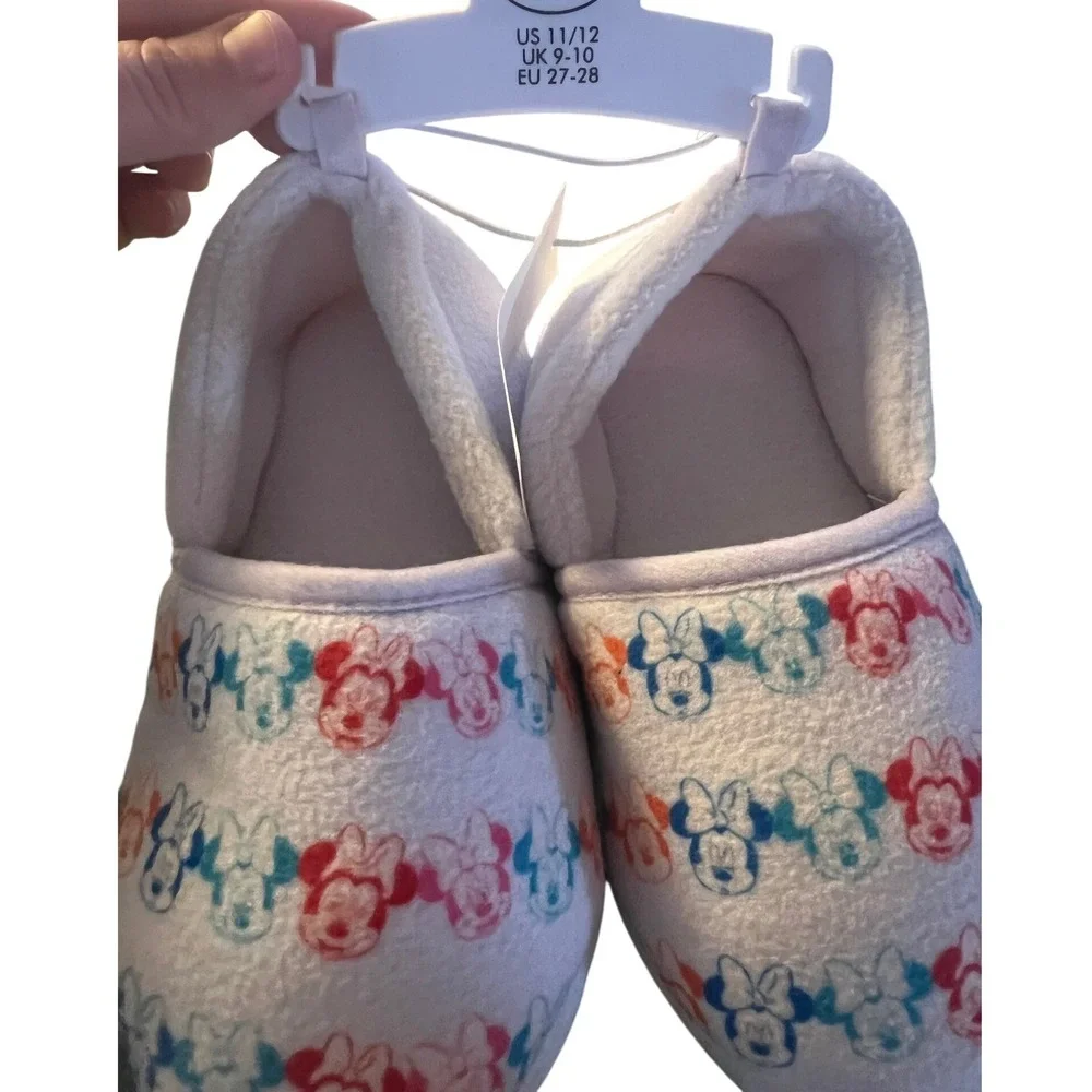 Kids Minnie Mouse Slippers Size‎ 11- 12 White Fleece Cozy Indoor Shoes